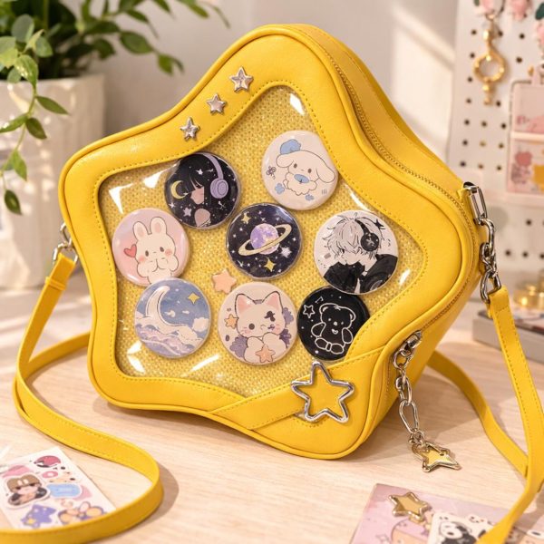 Black Kawaii Star Convertible Ita Bag with Clear Window for Pin Display — ita bag with clear display window