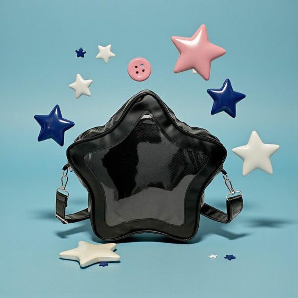Black Kawaii Star Convertible Ita Bag with Clear Window for Pin Display — ita bag with clear display window