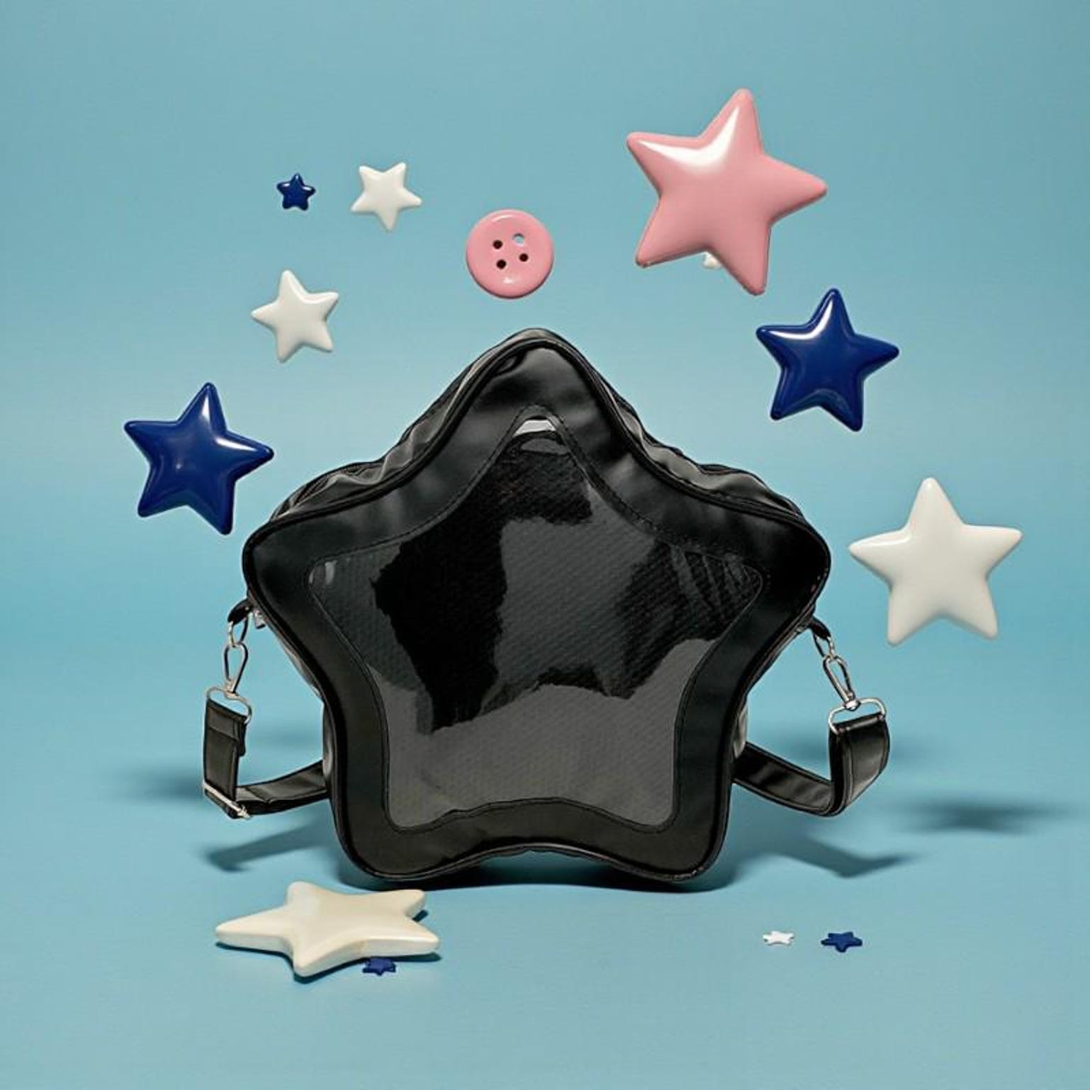 Black Kawaii Star Convertible Ita Bag with Clear Window for Pin Display Black Kawaii Star Convertible Ita Bag with Clear Window for Pin Display — ita bag with clear display window