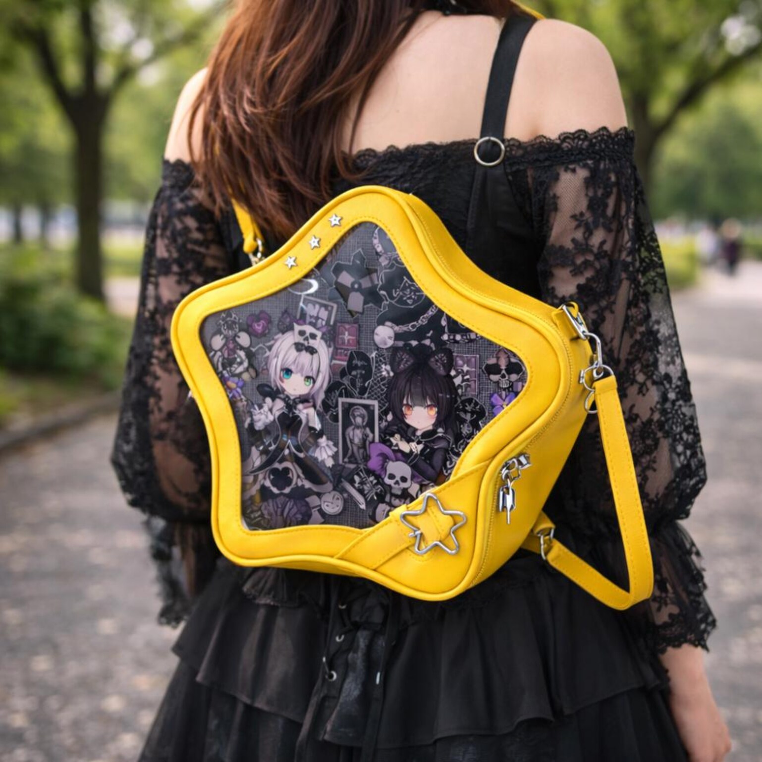 Black Kawaii Star Convertible Ita Bag with Clear Window for Pin Display Black Kawaii Star Convertible Ita Bag with Clear Window for Pin Display — ita bag detail view