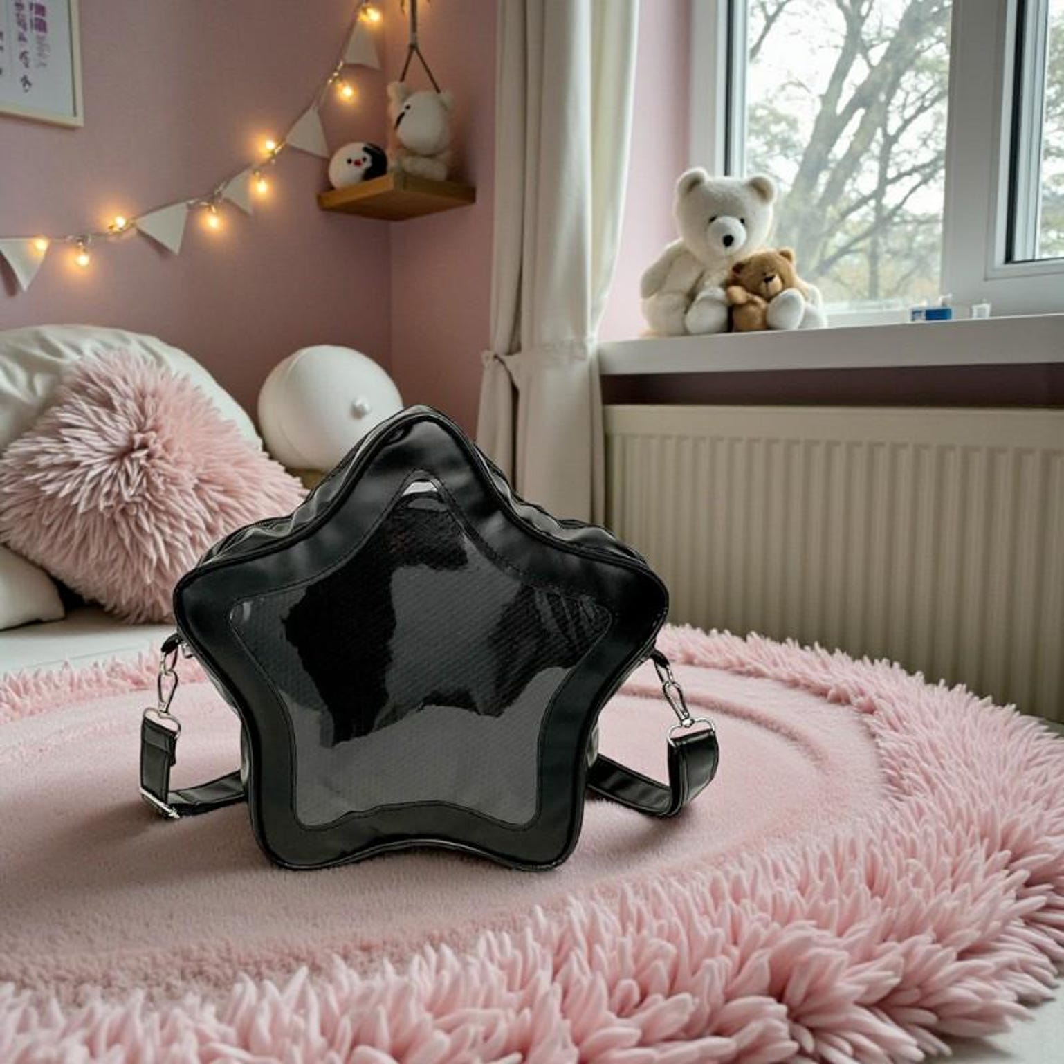 Black Kawaii Star Convertible Ita Bag with Clear Window for Pin Display Black Kawaii Star Convertible Ita Bag with Clear Window for Pin Display — ita bag detail view