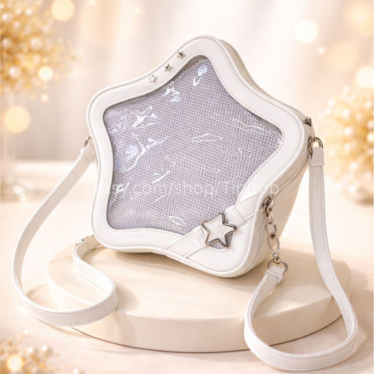 Black Kawaii Star Convertible Ita Bag with Clear Window for Pin Display Black Kawaii Star Convertible Ita Bag with Clear Window for Pin Display — ita bag detail view