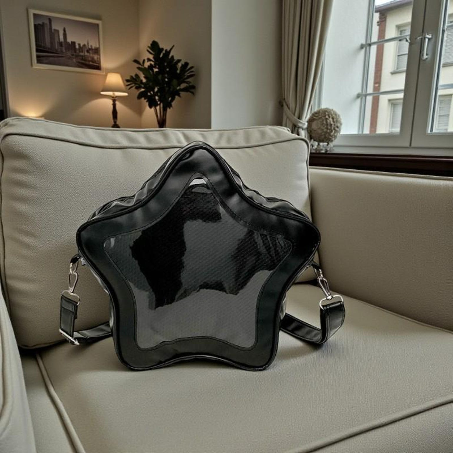 Black Kawaii Star Convertible Ita Bag with Clear Window for Pin Display Black Kawaii Star Convertible Ita Bag with Clear Window for Pin Display — ita bag detail view