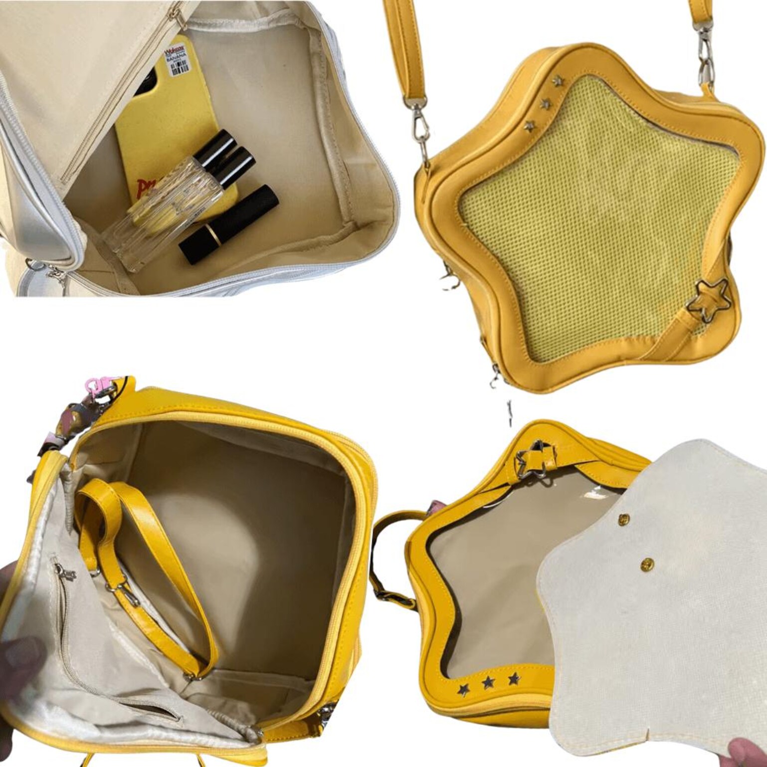 Black Kawaii Star Convertible Ita Bag with Clear Window for Pin Display Black Kawaii Star Convertible Ita Bag with Clear Window for Pin Display — ita bag detail view