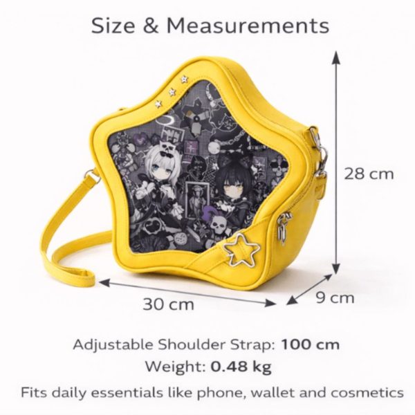 Black Kawaii Star Convertible Ita Bag with Clear Window for Pin Display — ita bag detail view