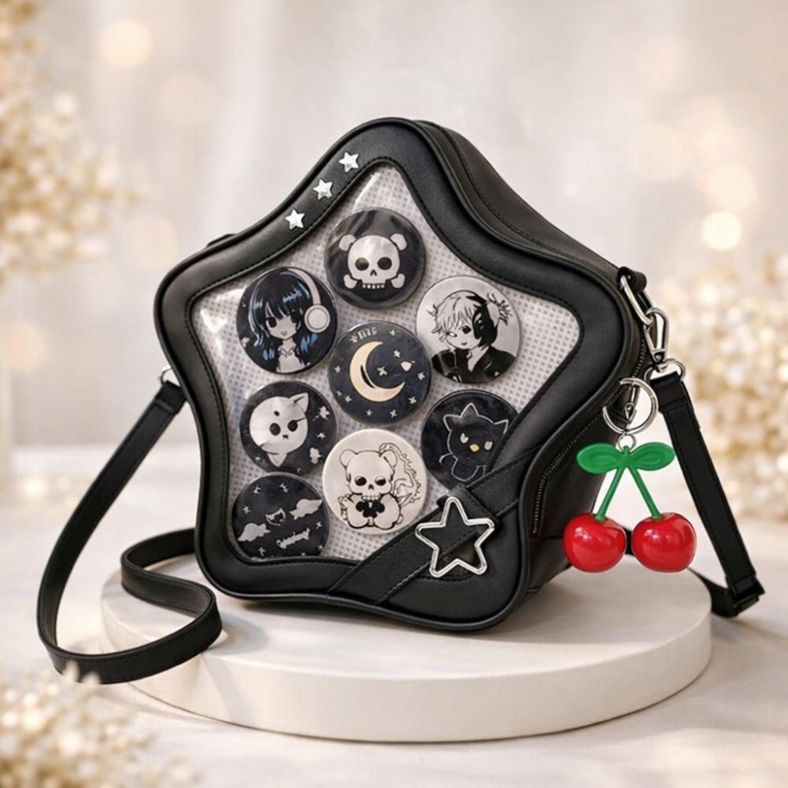 Black Kawaii Star Convertible Ita Bag with Clear Window for Pin Display Black Kawaii Star Convertible Ita Bag with Clear Window for Pin Display — ita bag with clear display window