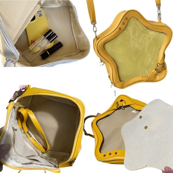 Black Kawaii Star Convertible Ita Bag with Clear Window for Pin Display — ita bag detail view