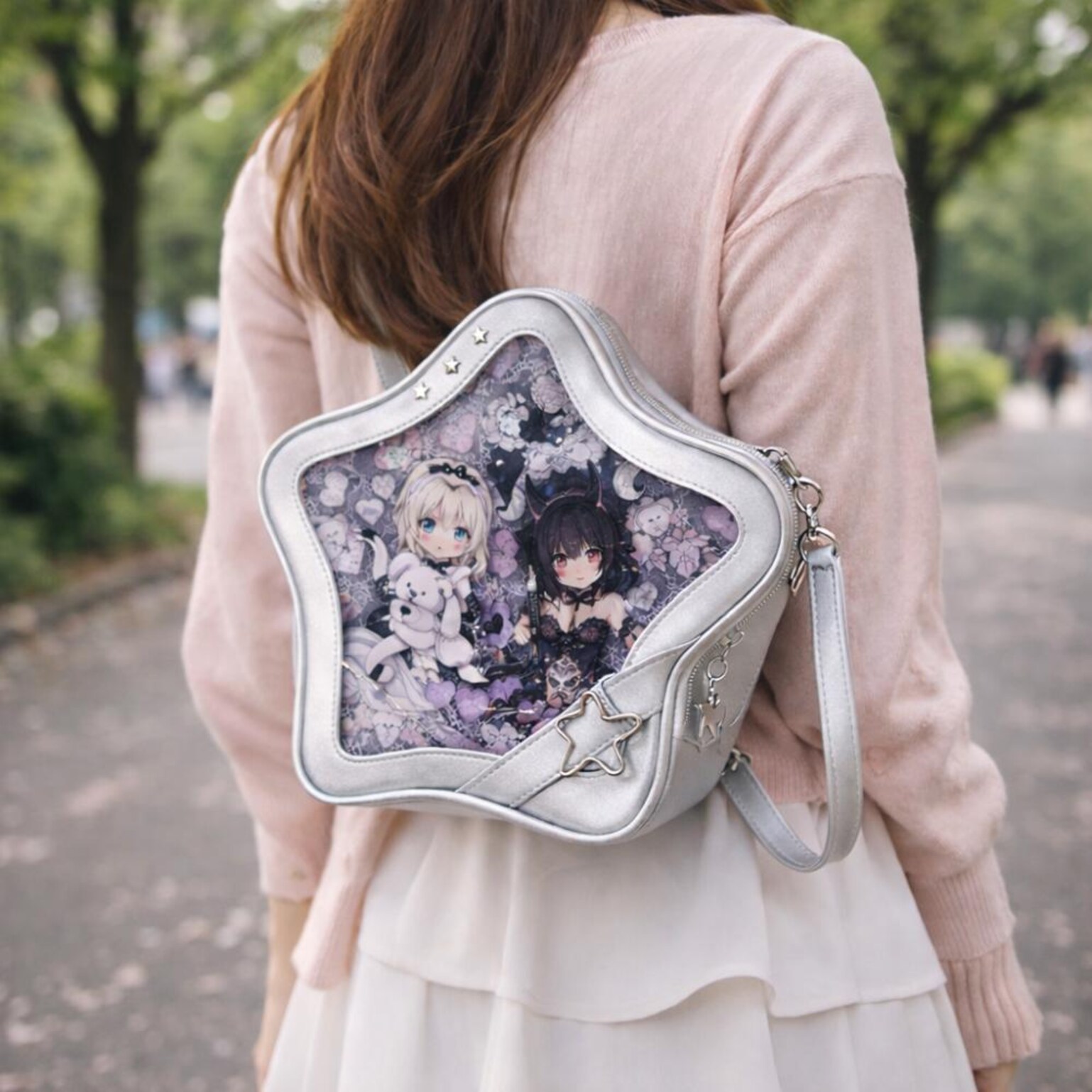Black Kawaii Star Convertible Ita Bag with Clear Window for Pin Display Black Kawaii Star Convertible Ita Bag with Clear Window for Pin Display — ita bag detail view