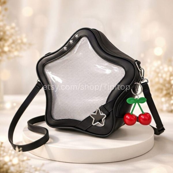 Black Kawaii Star Convertible Ita Bag with Clear Window for Pin Display — ita bag detail view