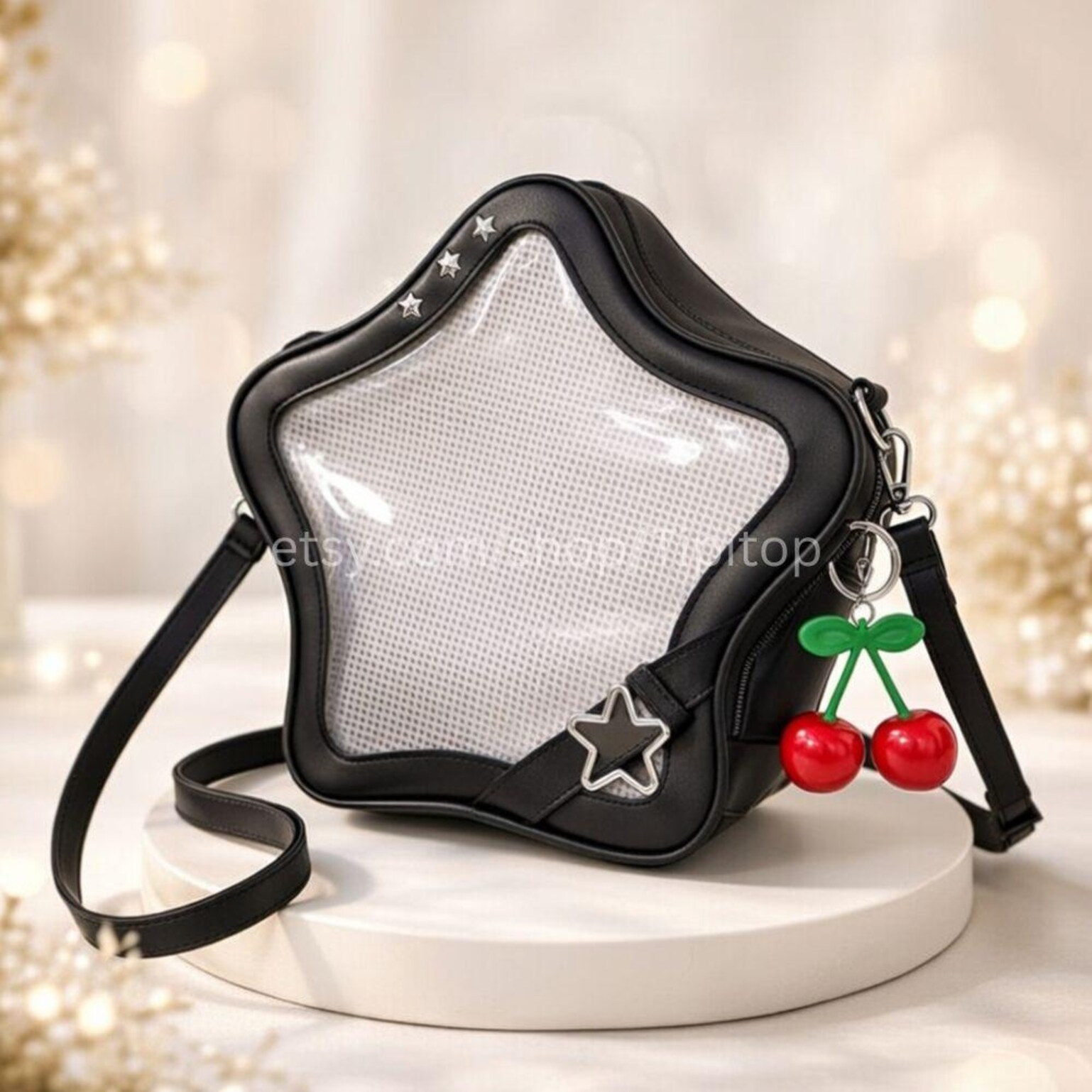 Black Kawaii Star Convertible Ita Bag with Clear Window for Pin Display Black Kawaii Star Convertible Ita Bag with Clear Window for Pin Display — ita bag detail view