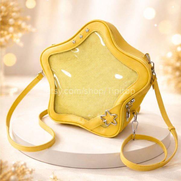 Black Kawaii Star Convertible Ita Bag with Clear Window for Pin Display — ita bag detail view