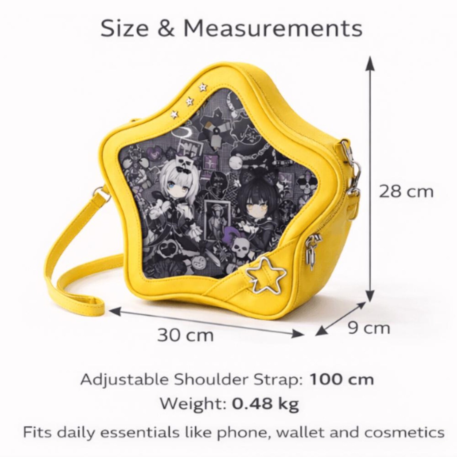 Black Kawaii Star Convertible Ita Bag with Clear Window for Pin Display Black Kawaii Star Convertible Ita Bag with Clear Window for Pin Display — ita bag detail view