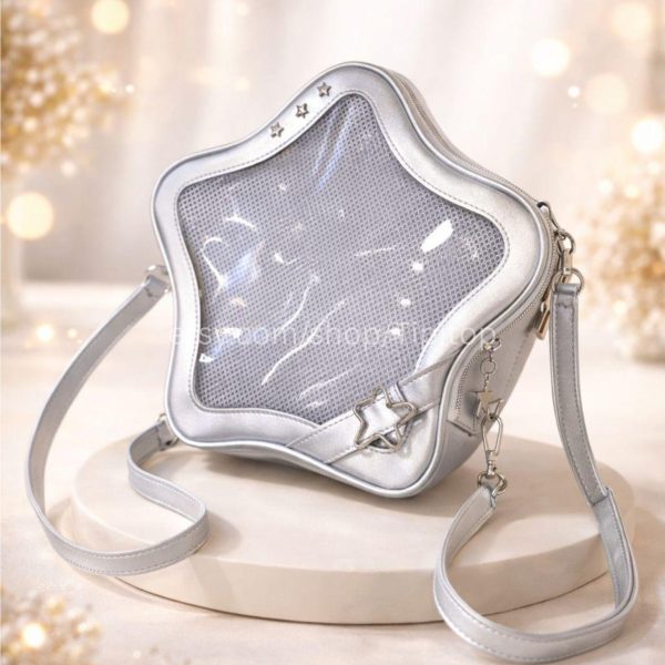 Black Kawaii Star Convertible Ita Bag with Clear Window for Pin Display — ita bag detail view