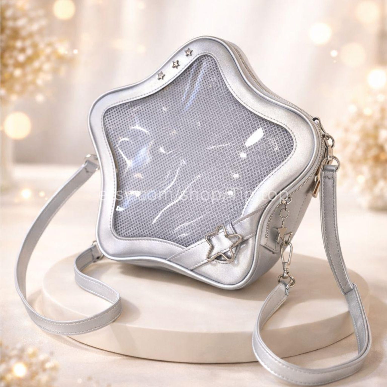 Black Kawaii Star Convertible Ita Bag with Clear Window for Pin Display Black Kawaii Star Convertible Ita Bag with Clear Window for Pin Display — ita bag detail view