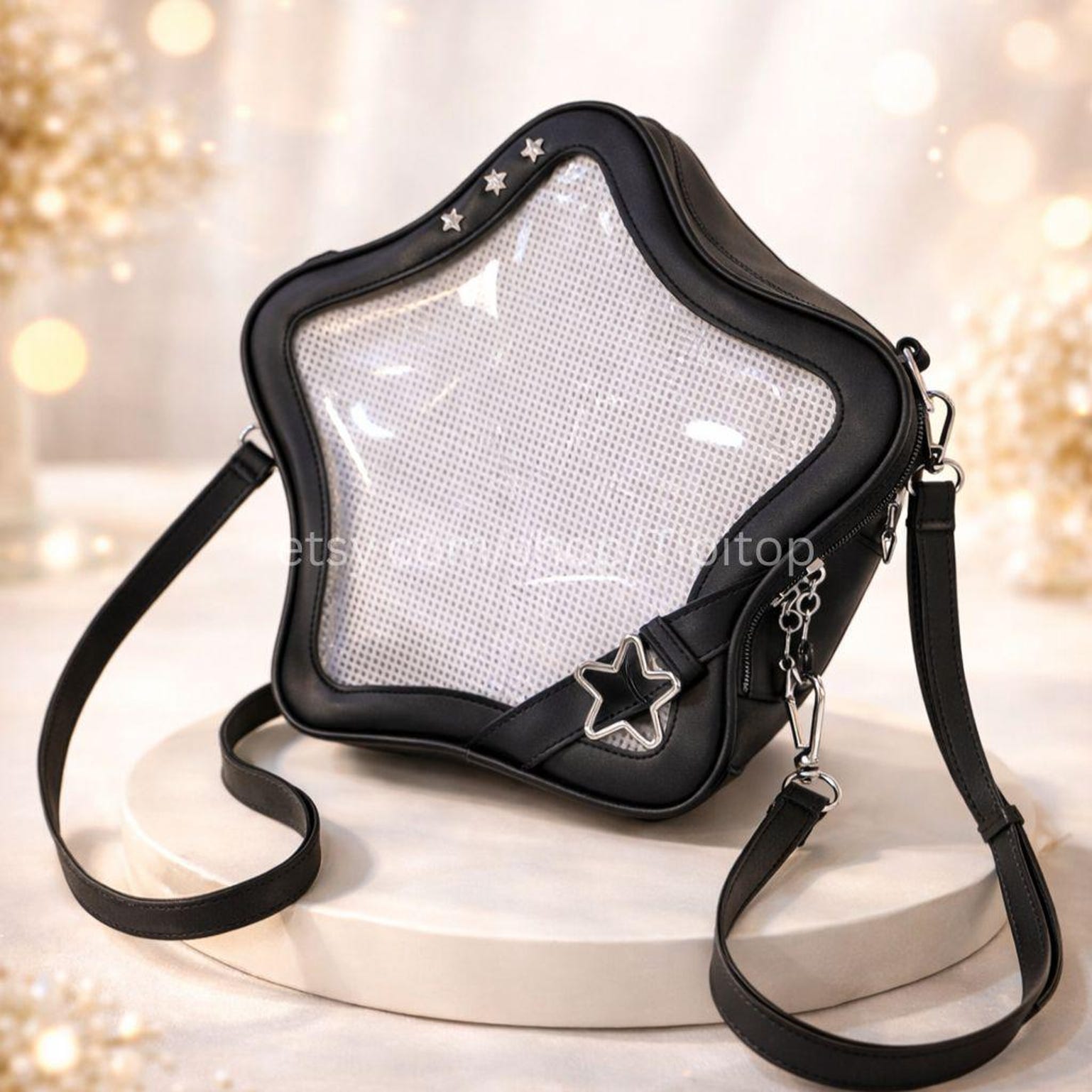 Black Kawaii Star Convertible Ita Bag with Clear Window for Pin Display Black Kawaii Star Convertible Ita Bag with Clear Window for Pin Display — ita bag detail view