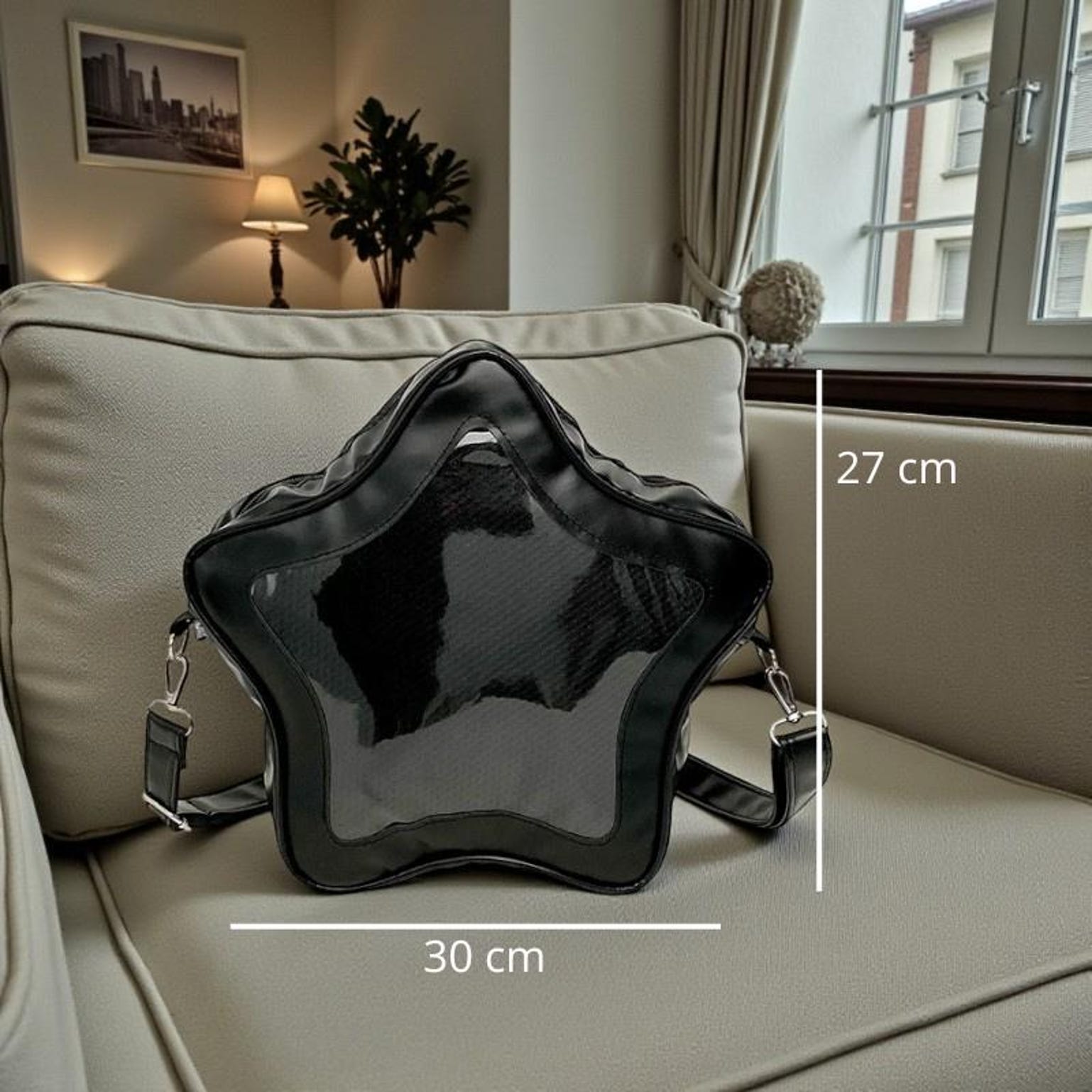 Black Kawaii Star Convertible Ita Bag with Clear Window for Pin Display Black Kawaii Star Convertible Ita Bag with Clear Window for Pin Display — ita bag detail view