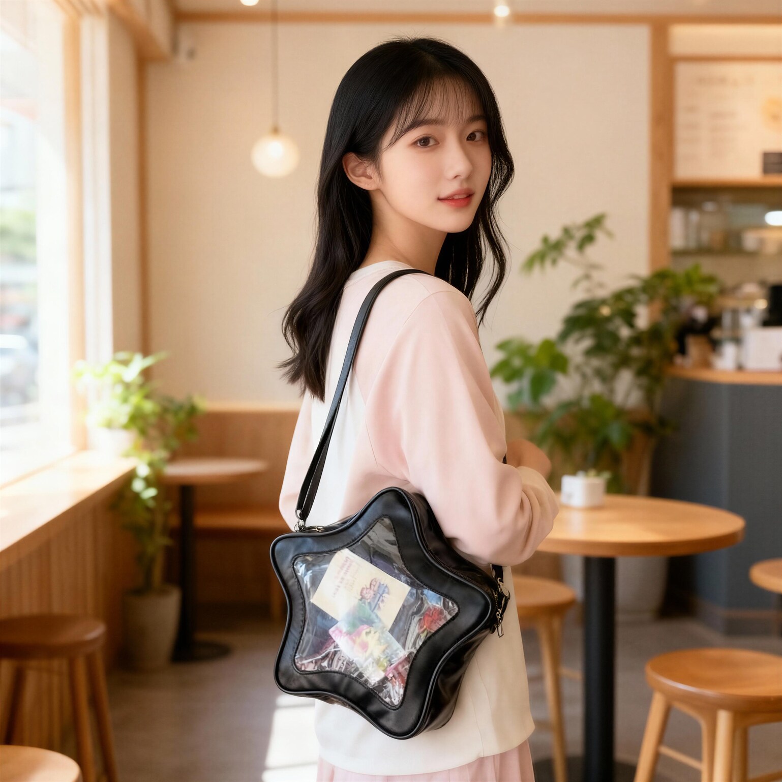 Black Kawaii Star Ita Crossbody Bag with Clear Window for Pin Display Black Kawaii Star Ita Crossbody Bag with Clear Window for Pin Display — crossbody ita bag detail view
