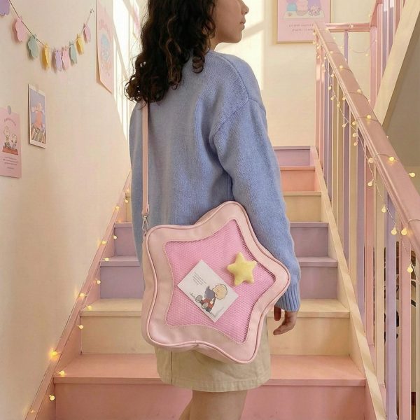 Black Kawaii Star Ita Crossbody Bag with Clear Window for Pin Display — crossbody ita bag detail view