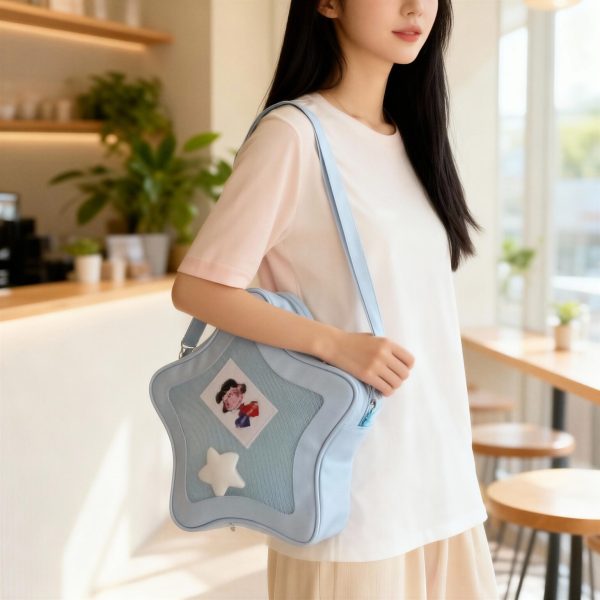 Black Kawaii Star Ita Crossbody Bag with Clear Window for Pin Display — crossbody ita bag detail view
