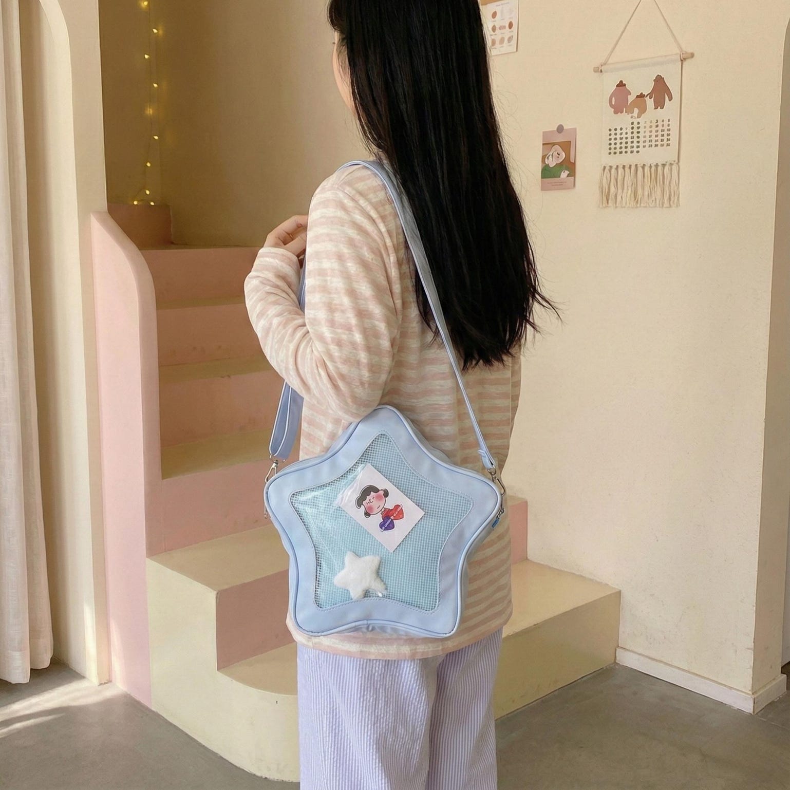Black Kawaii Star Ita Crossbody Bag with Clear Window for Pin Display Black Kawaii Star Ita Crossbody Bag with Clear Window for Pin Display — crossbody ita bag detail view