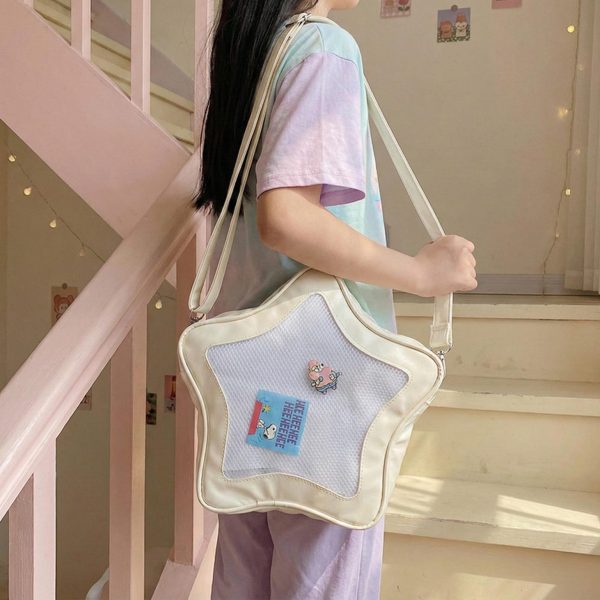 Black Kawaii Star Ita Crossbody Bag with Clear Window for Pin Display — crossbody ita bag detail view
