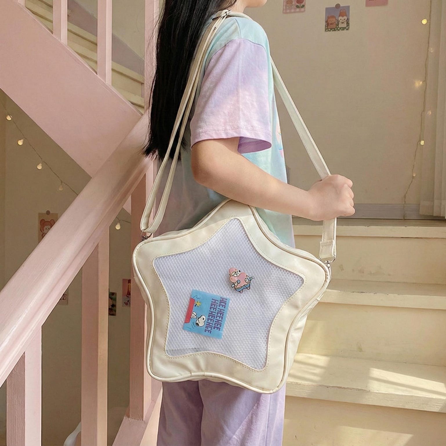 Black Kawaii Star Ita Crossbody Bag with Clear Window for Pin Display Black Kawaii Star Ita Crossbody Bag with Clear Window for Pin Display — crossbody ita bag detail view