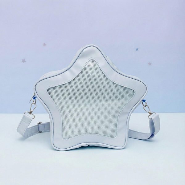 Black Kawaii Star Ita Crossbody Bag with Clear Window for Pin Display — crossbody ita bag detail view