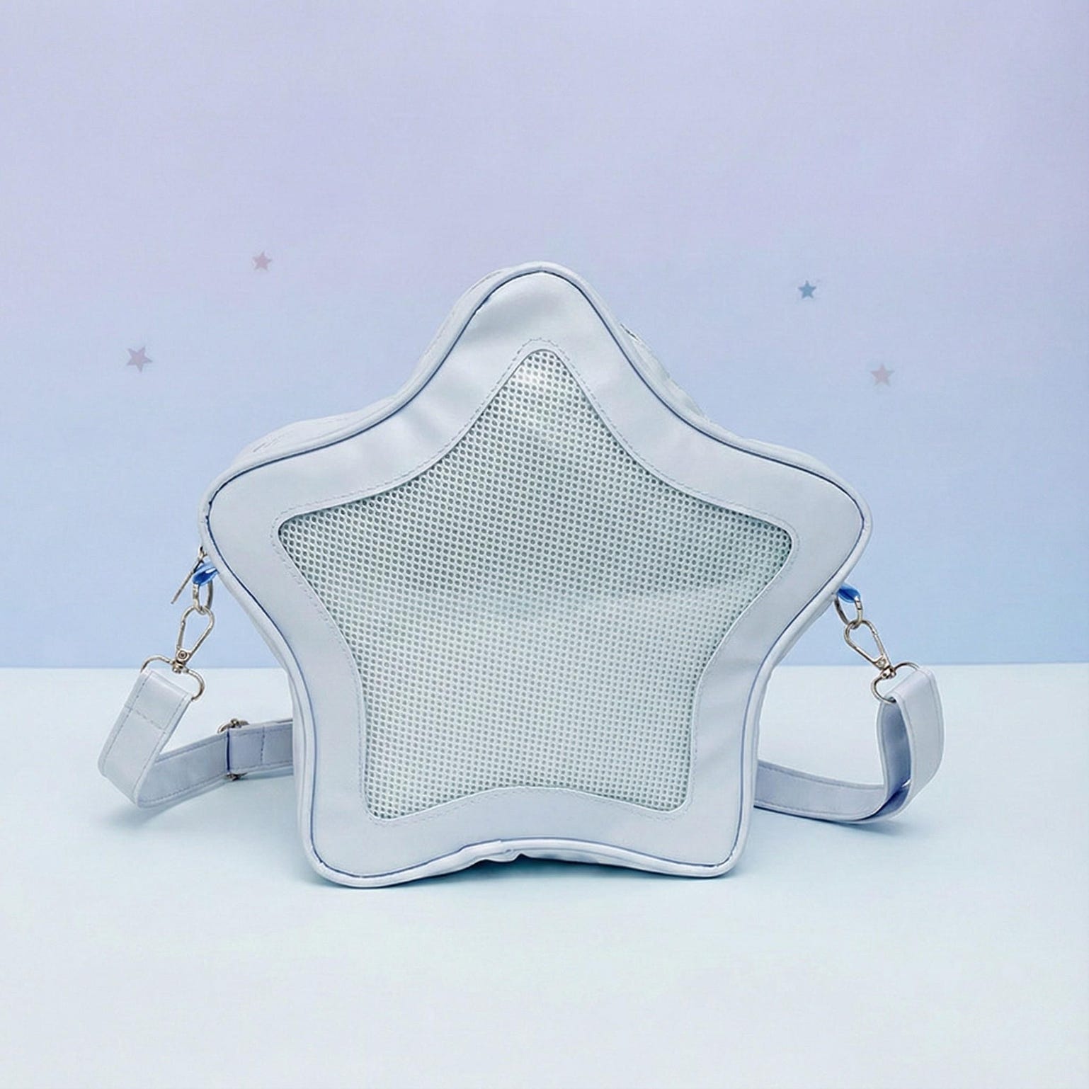 Black Kawaii Star Ita Crossbody Bag with Clear Window for Pin Display Black Kawaii Star Ita Crossbody Bag with Clear Window for Pin Display — crossbody ita bag detail view