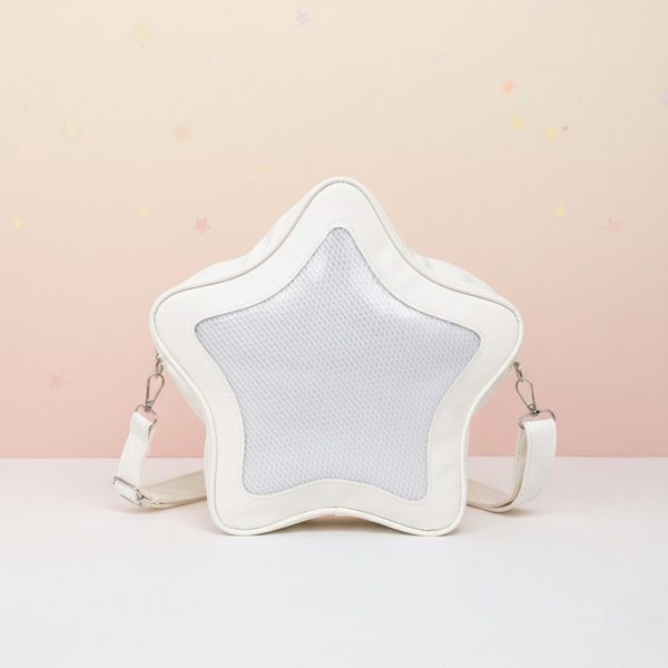 Black Kawaii Star Ita Crossbody Bag with Clear Window for Pin Display — crossbody ita bag detail view