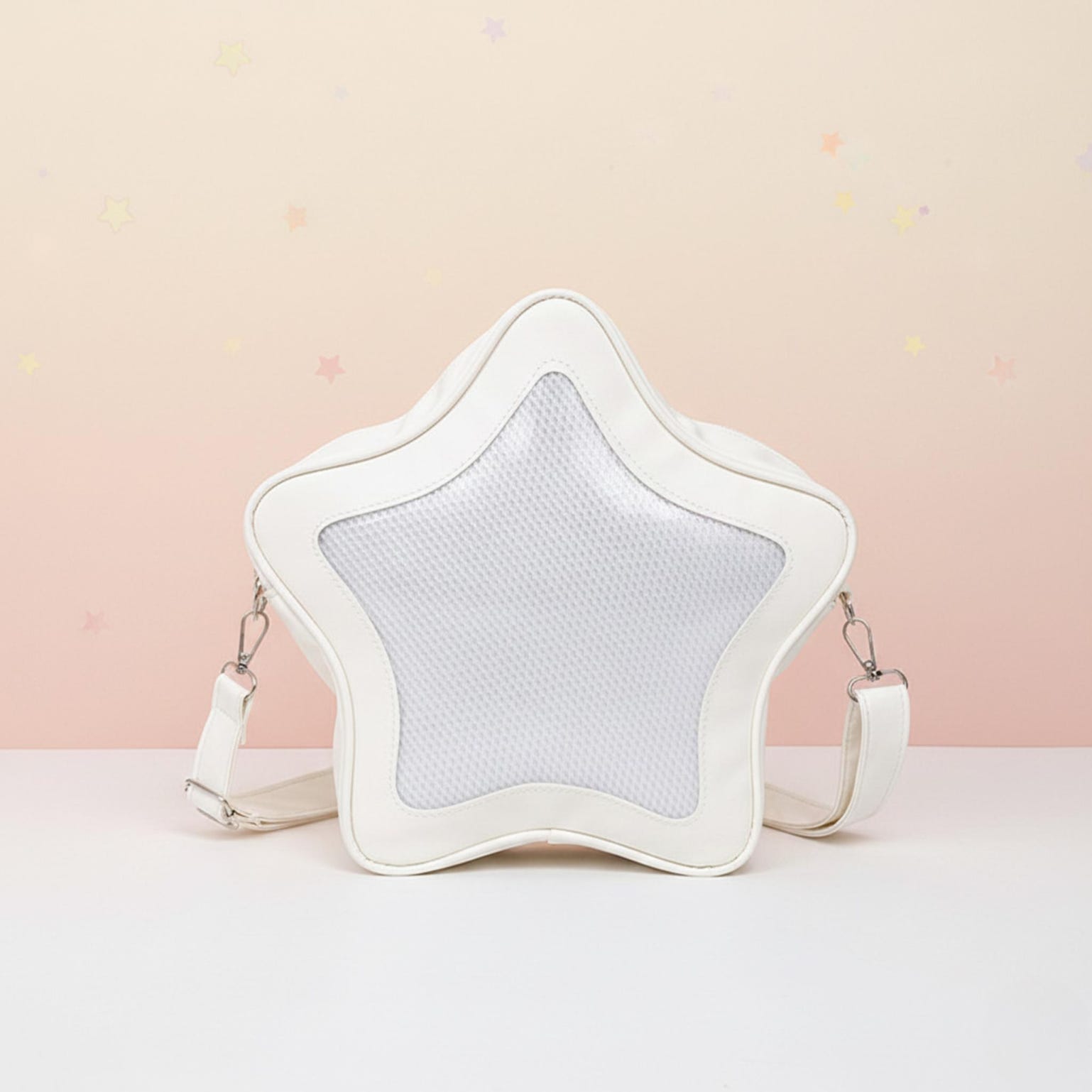 Black Kawaii Star Ita Crossbody Bag with Clear Window for Pin Display Black Kawaii Star Ita Crossbody Bag with Clear Window for Pin Display — crossbody ita bag detail view