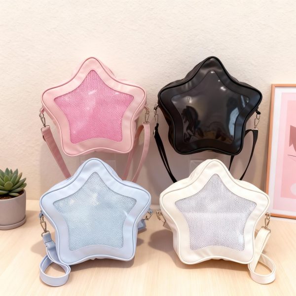 Black Kawaii Star Ita Crossbody Bag with Clear Window for Pin Display — crossbody ita bag detail view