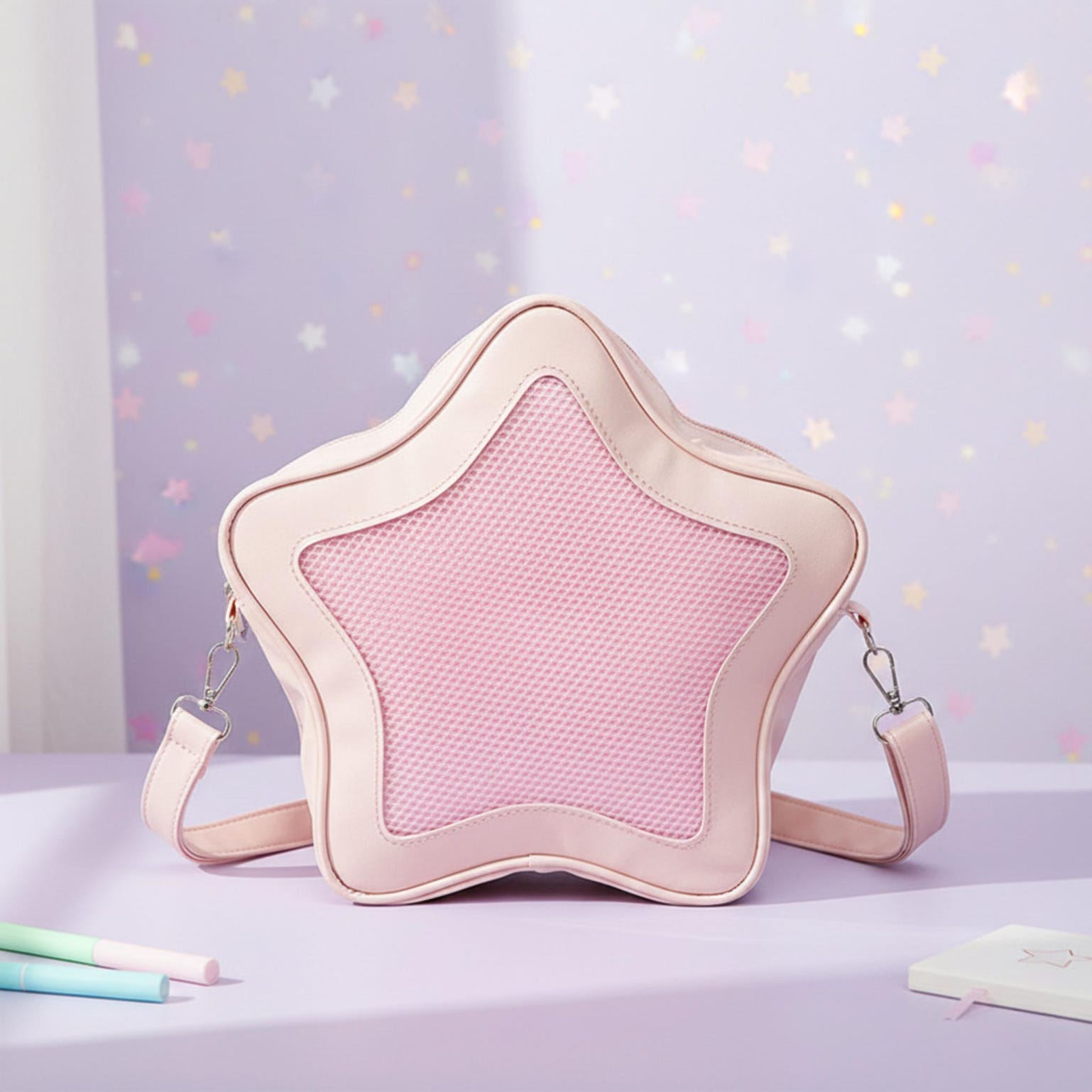 Black Kawaii Star Ita Crossbody Bag with Clear Window for Pin Display Black Kawaii Star Ita Crossbody Bag with Clear Window for Pin Display — crossbody ita bag detail view