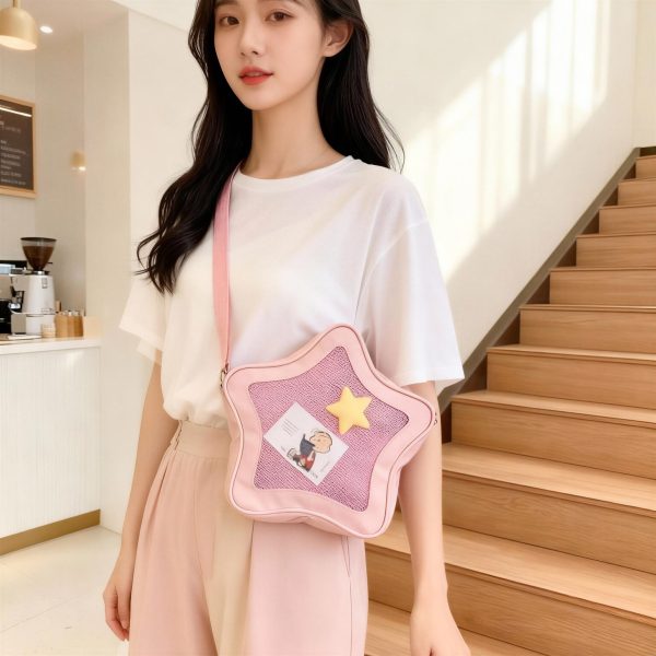 Black Kawaii Star Ita Crossbody Bag with Clear Window for Pin Display — crossbody ita bag detail view