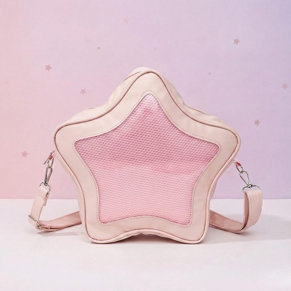 Black Kawaii Star Ita Crossbody Bag with Clear Window for Pin Display — crossbody ita bag detail view