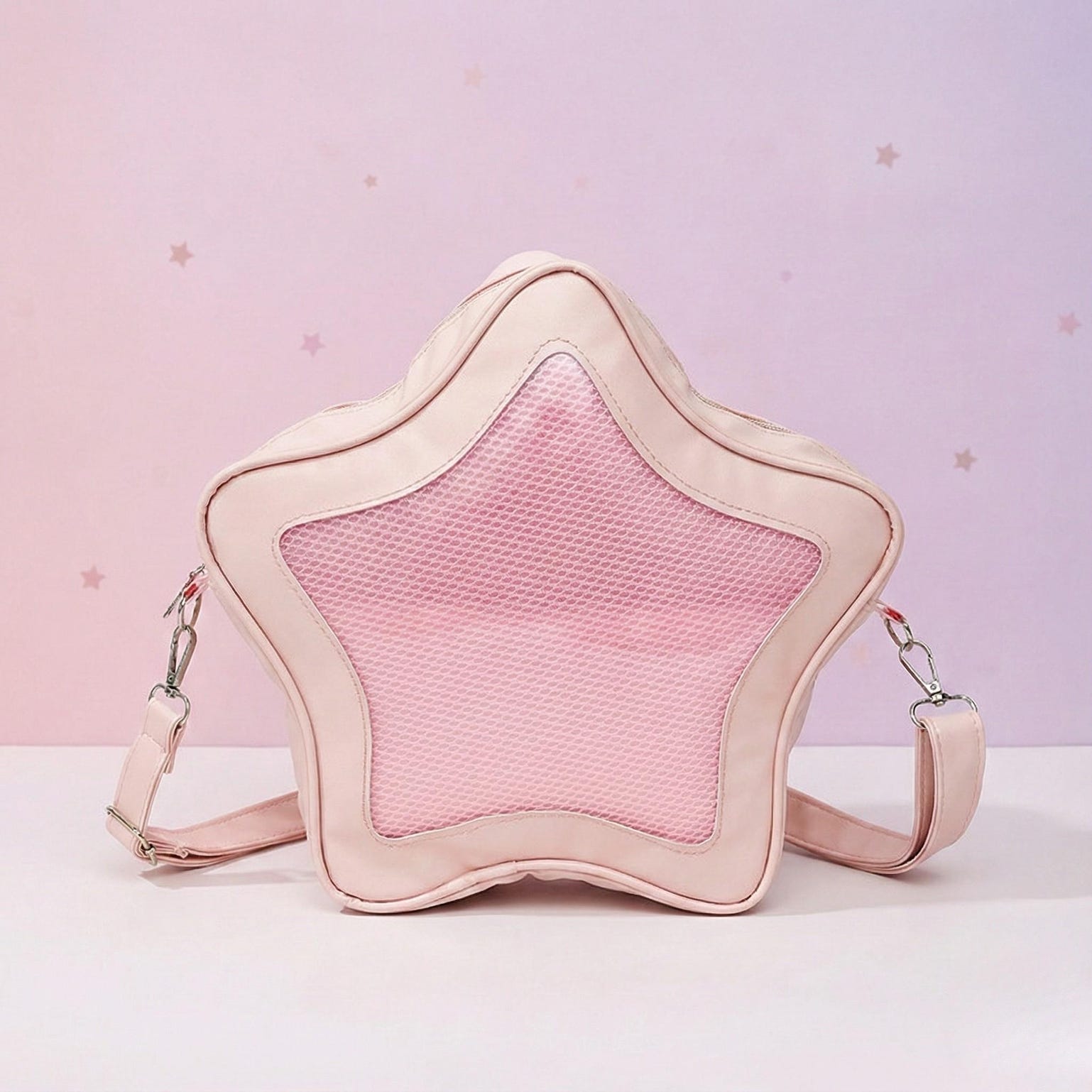 Black Kawaii Star Ita Crossbody Bag with Clear Window for Pin Display Black Kawaii Star Ita Crossbody Bag with Clear Window for Pin Display — crossbody ita bag detail view