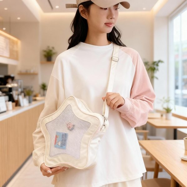 Black Kawaii Star Ita Crossbody Bag with Clear Window for Pin Display — crossbody ita bag with clear display window