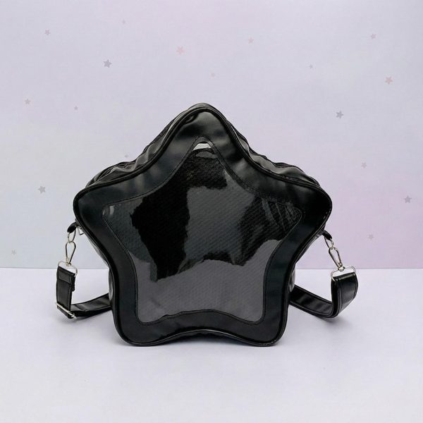 Black Kawaii Star Ita Crossbody Bag with Clear Window for Pin Display — crossbody ita bag detail view