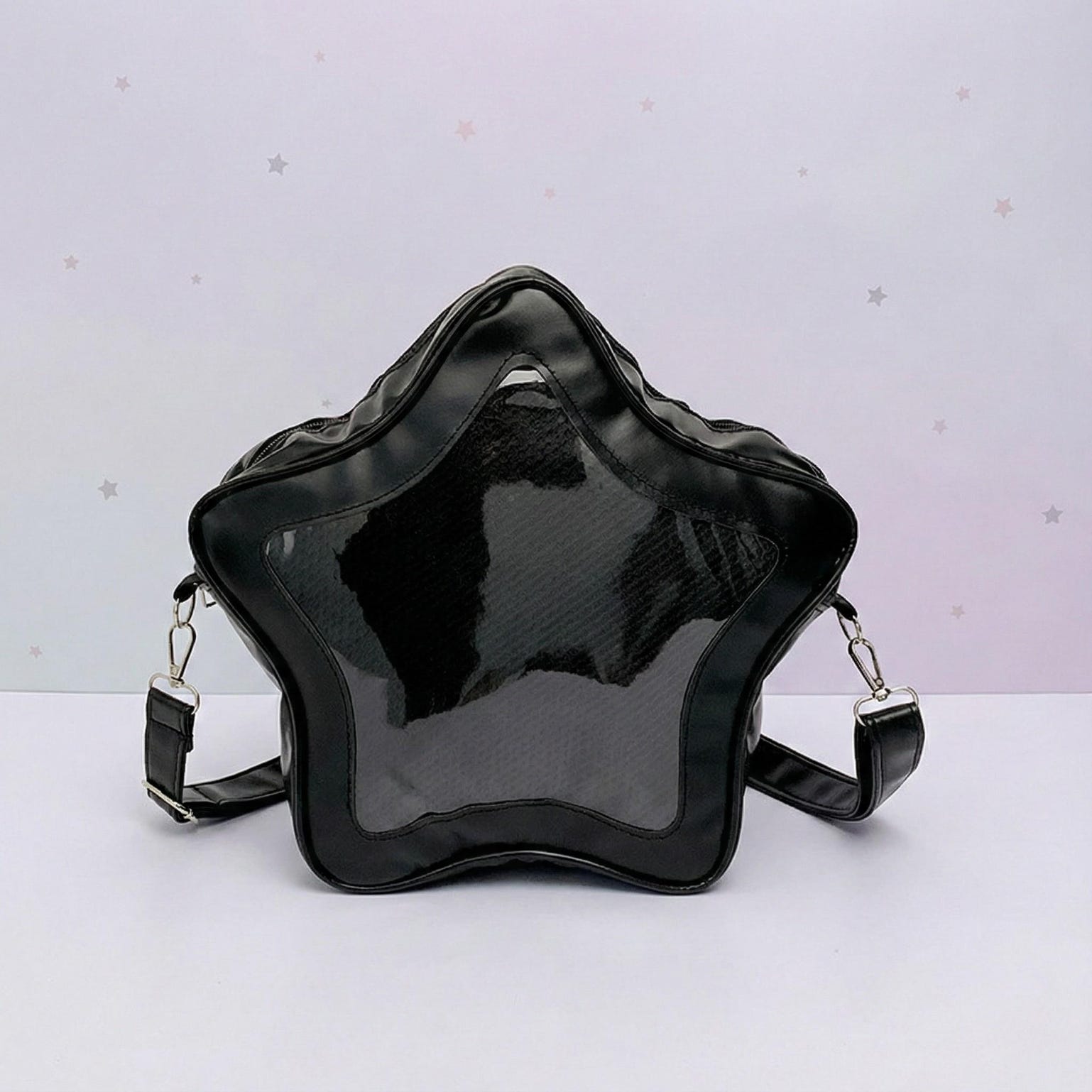 Black Kawaii Star Ita Crossbody Bag with Clear Window for Pin Display Black Kawaii Star Ita Crossbody Bag with Clear Window for Pin Display — crossbody ita bag detail view