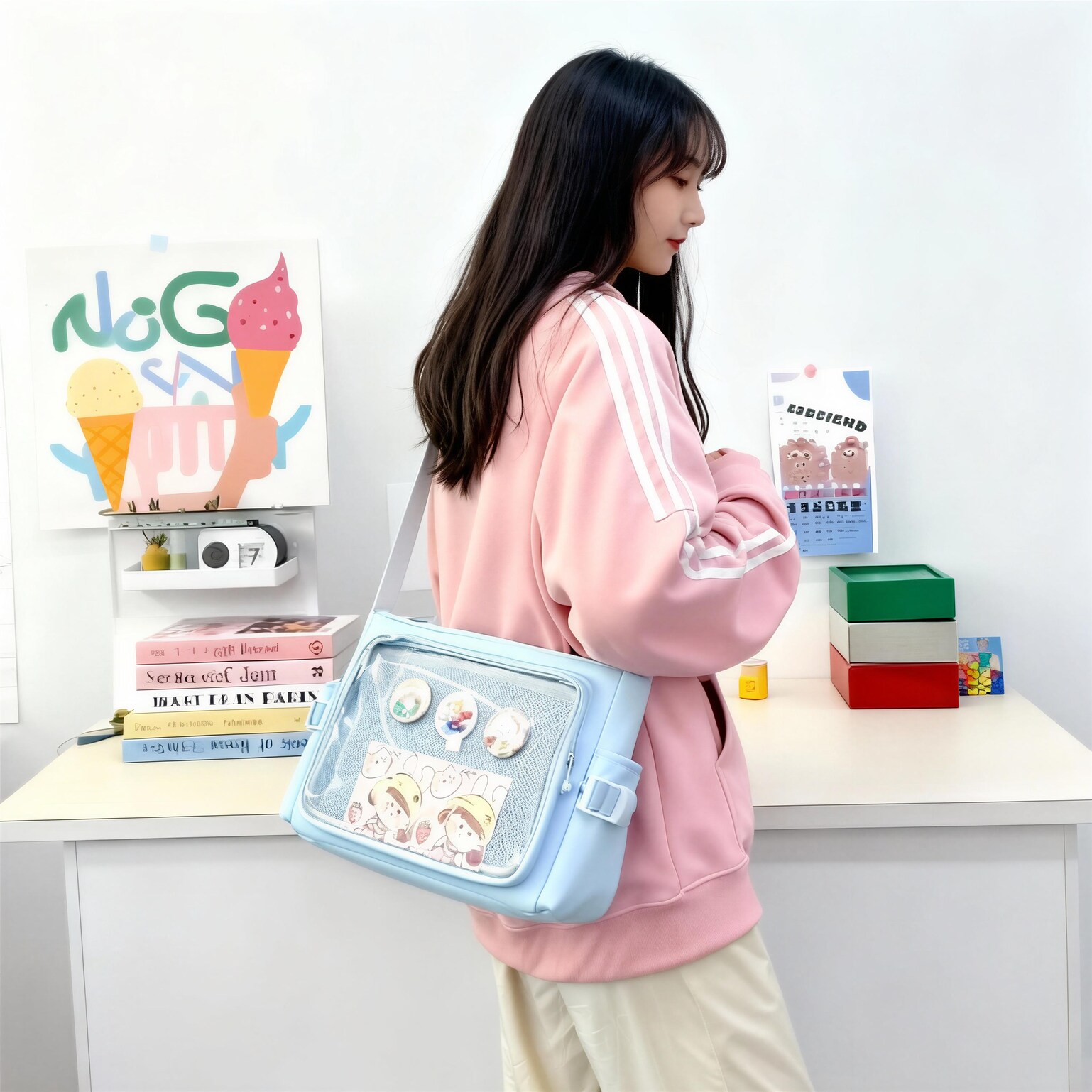 Black Kawaii Y2K Convertible Ita Bag for Pin Display Black Kawaii Y2K Convertible Ita Bag for Pin Display — ita bag detail view