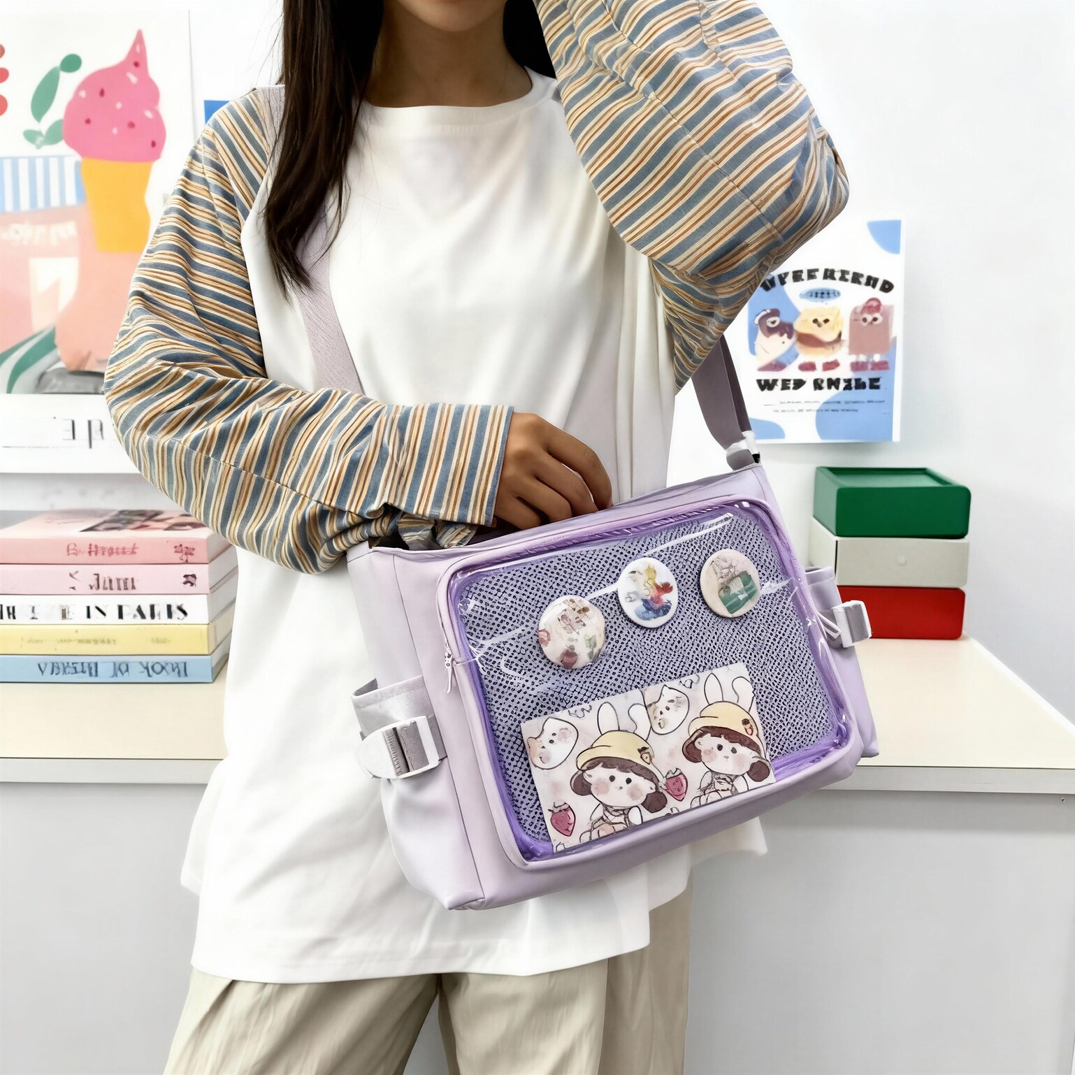 Black Kawaii Y2K Convertible Ita Bag for Pin Display Black Kawaii Y2K Convertible Ita Bag for Pin Display — ita bag detail view
