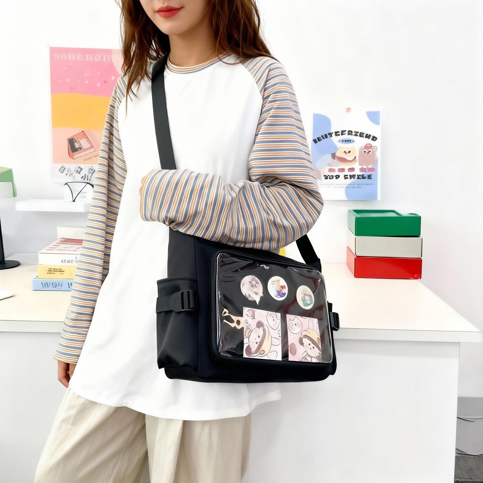 Black Kawaii Y2K Convertible Ita Bag for Pin Display Black Kawaii Y2K Convertible Ita Bag for Pin Display — ita bag detail view