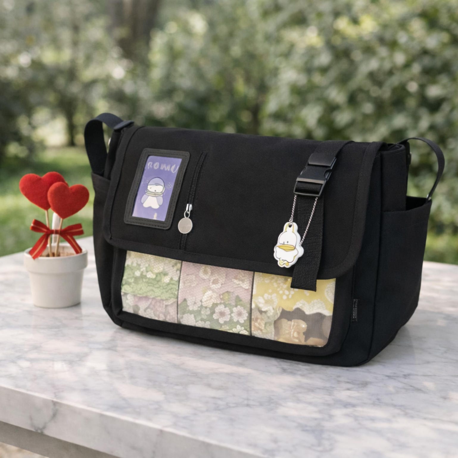 Black Kawaii Y2K Ita Purse with Clear Window for Plushies and Pins Black Kawaii Y2K Ita Purse with Clear Window for Plushies and Pins — ita bag detail view