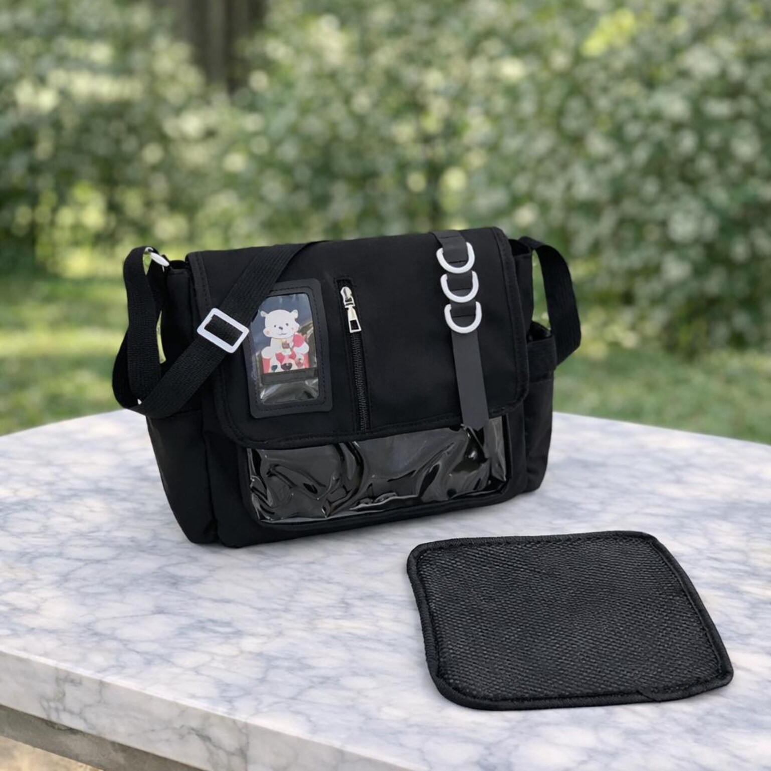 Black Kawaii Y2K Ita Purse with Clear Window for Plushies and Pins Black Kawaii Y2K Ita Purse with Clear Window for Plushies and Pins — ita bag detail view