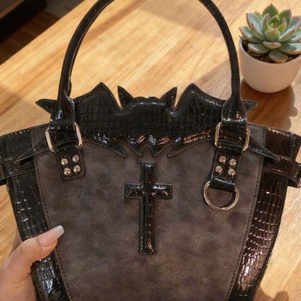 Black Y2K Gothic Ita Crossbody Bag for Pin Display — crossbody ita bag detail view