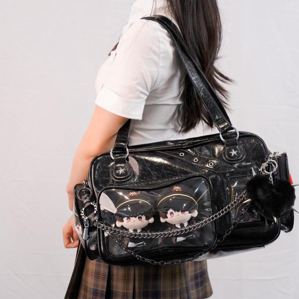 Black Y2K Gothic Ita Messenger Bag with Clear Window for Plushies and Pins — ita bag detail view