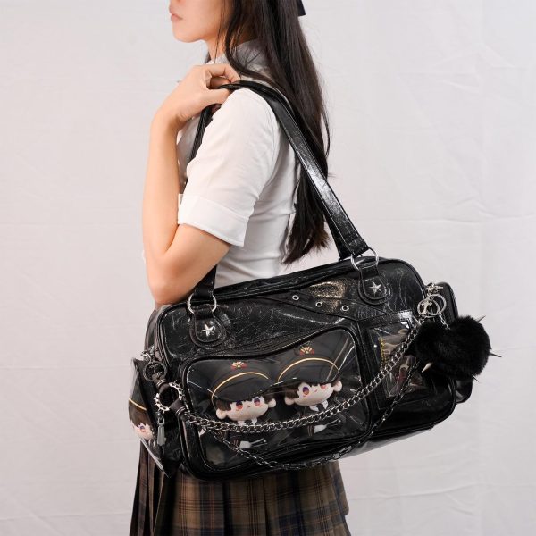 Black Y2K Gothic Ita Messenger Bag with Clear Window for Plushies and Pins — ita bag detail view
