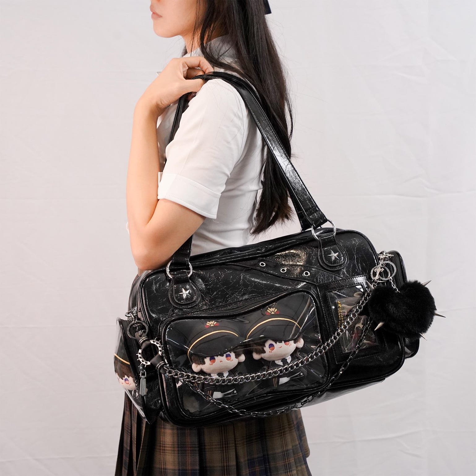 Black Y2K Gothic Ita Messenger Bag with Clear Window for Plushies and Pins Black Y2K Gothic Ita Messenger Bag with Clear Window for Plushies and Pins — ita bag detail view
