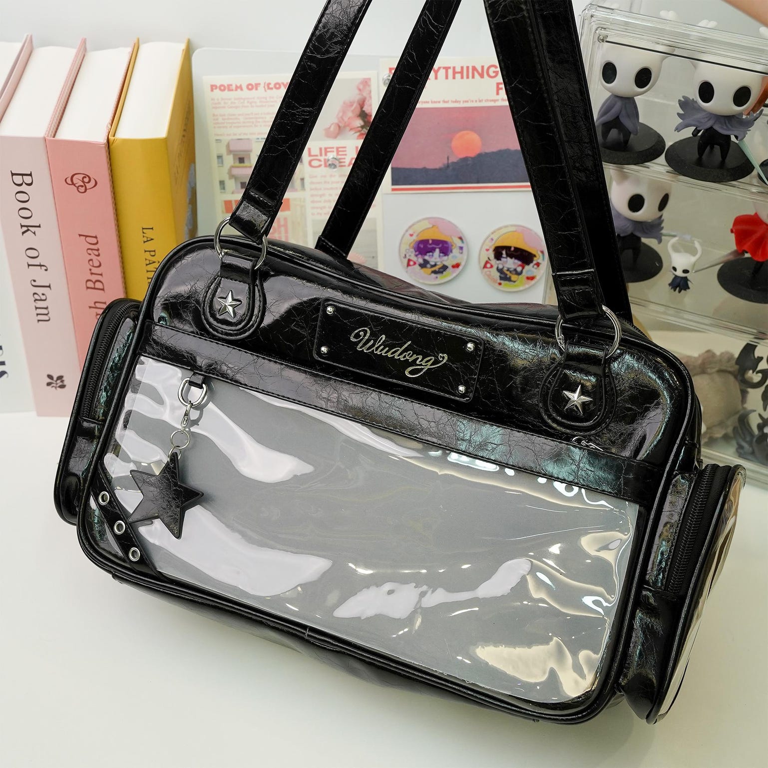Black Y2K Gothic Ita Messenger Bag with Clear Window for Plushies and Pins Black Y2K Gothic Ita Messenger Bag with Clear Window for Plushies and Pins — ita bag detail view
