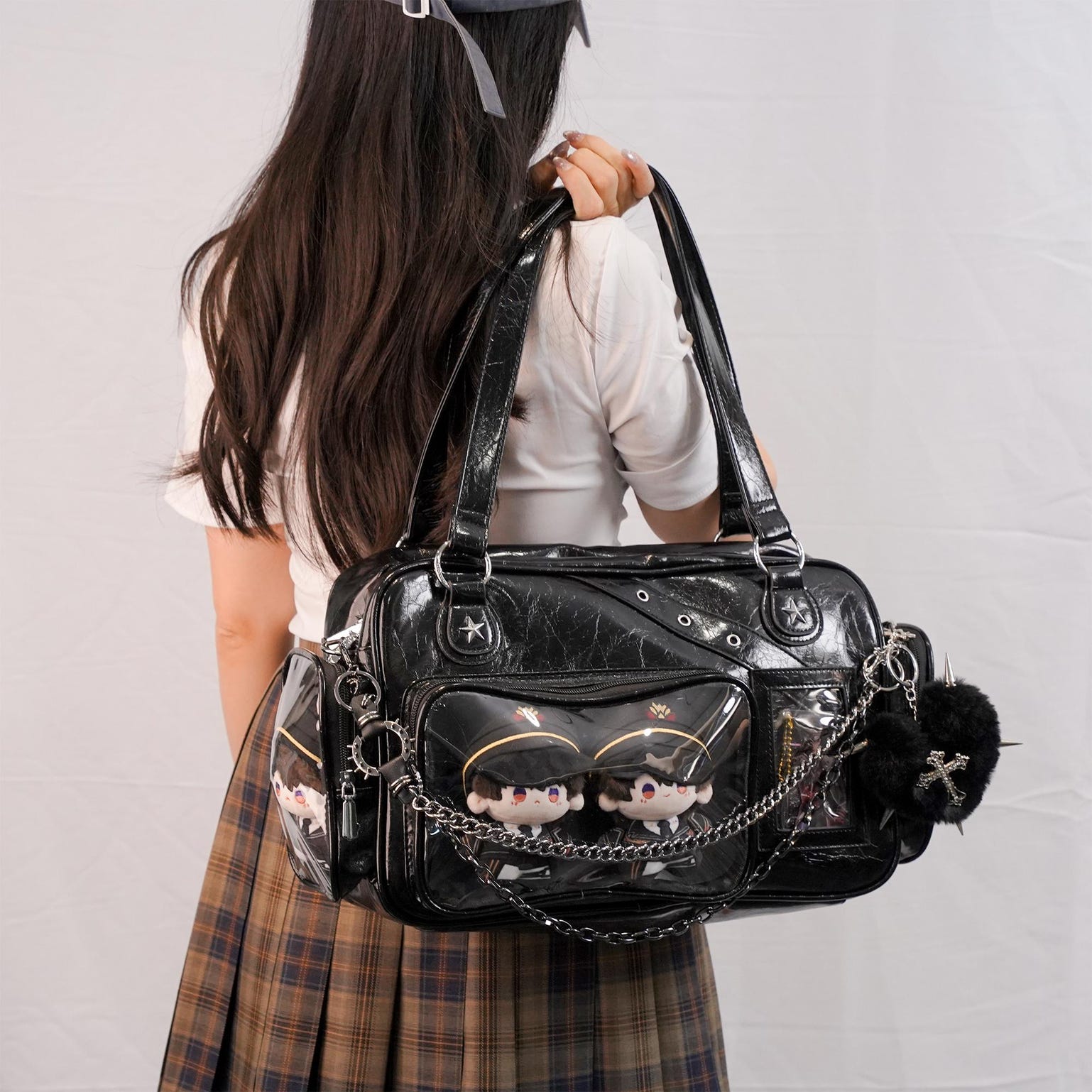 Black Y2K Gothic Ita Messenger Bag with Clear Window for Plushies and Pins Black Y2K Gothic Ita Messenger Bag with Clear Window for Plushies and Pins — ita bag detail view
