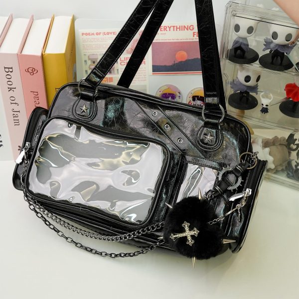 Black Y2K Gothic Ita Messenger Bag with Clear Window for Plushies and Pins — ita bag detail view